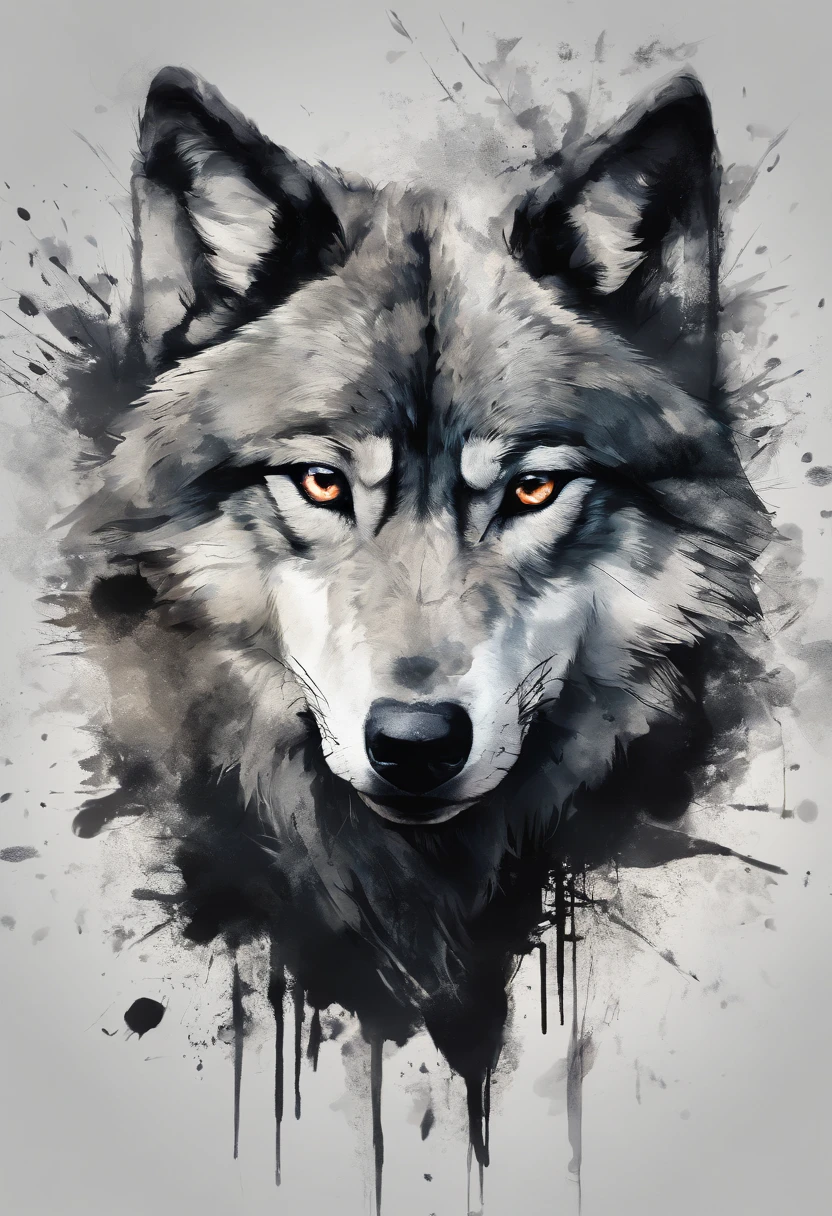 Black and gray realistic wolf tattoo art (((brue eyes))) With ink splatter sketch effect ,He opened his mouth and said,、Looks very fiercely angry