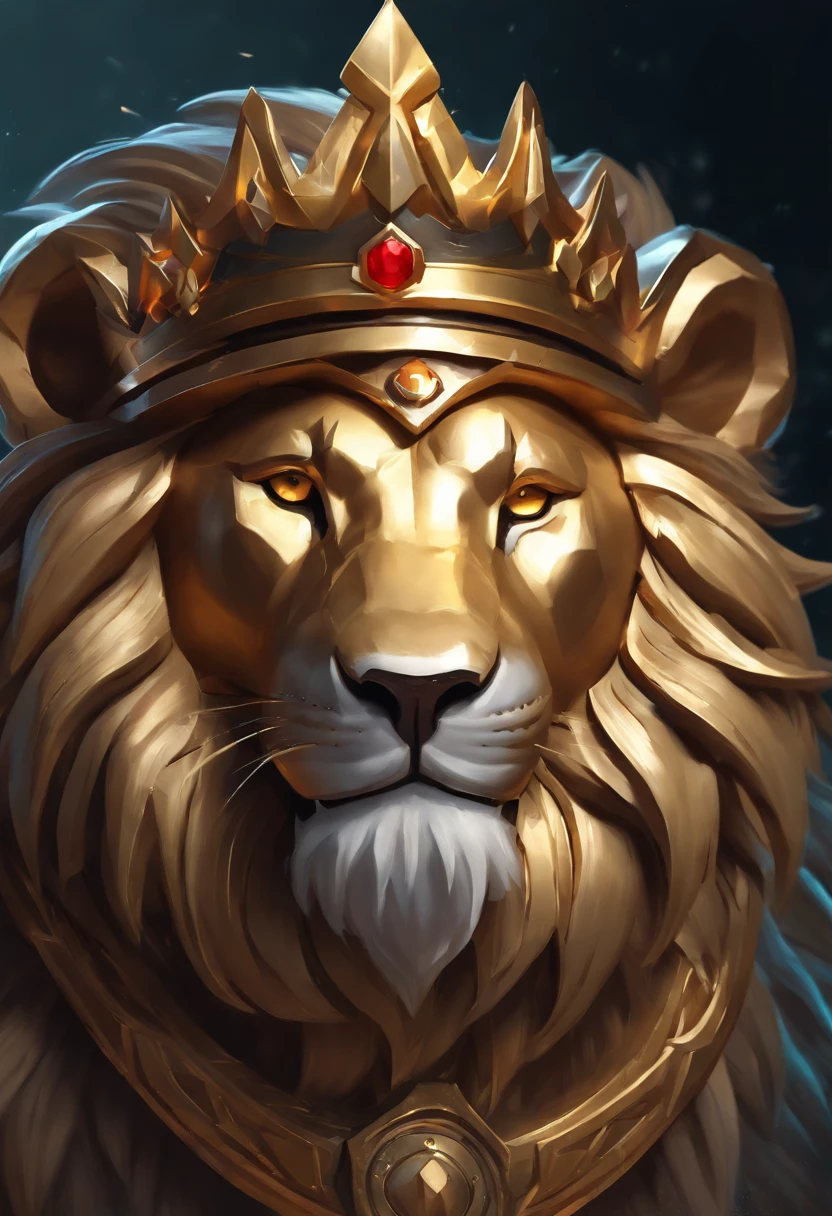 Close-up of a metal lion's head with a crown, hearthstone art style, hearthstone art style, Hearthstone style art, hearthstone concept art, Riot game concept art, third lion head, style of league of legends, iconic character splash art, league of legends champion,