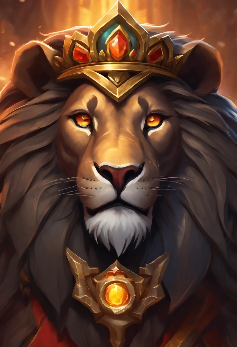 Close-up of a metal lion's head with a crown, hearthstone art style, hearthstone art style, Hearthstone style art, hearthstone concept art, Riot game concept art, third lion head, style of league of legends, iconic character splash art, league of legends champion,