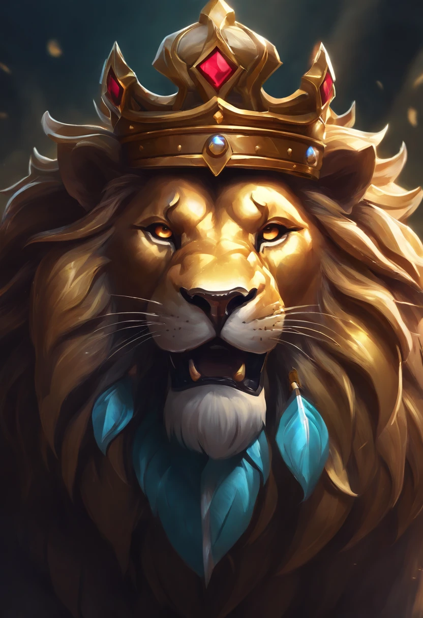 Close-up of a metal lion's head with a crown, hearthstone art style, hearthstone art style, Hearthstone style art, hearthstone concept art, Riot game concept art, third lion head, style of league of legends, iconic character splash art, league of legends champion,