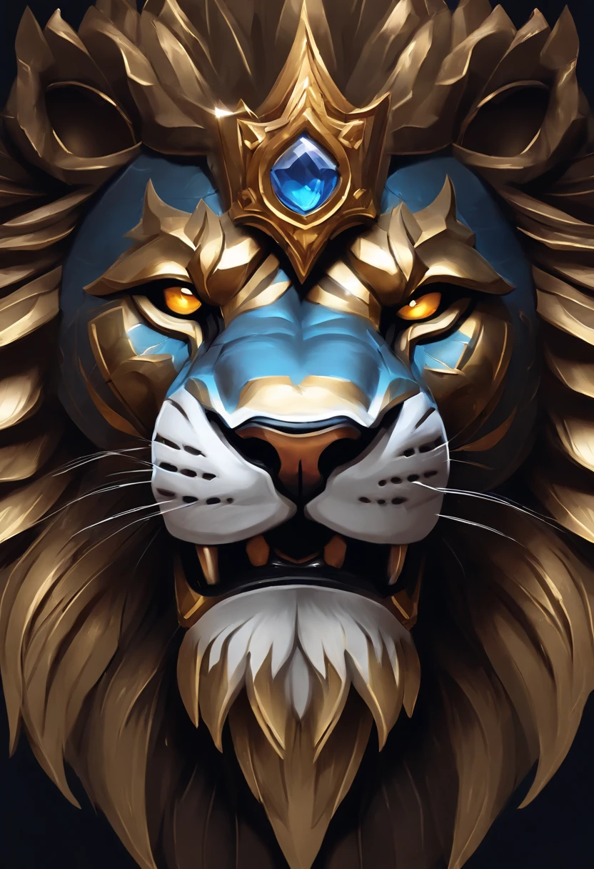 Close-up of a metal lion's head with a crown, hearthstone art style, hearthstone art style, Hearthstone style art, hearthstone concept art, Riot game concept art, third lion head, style of league of legends, iconic character splash art, league of legends champion,