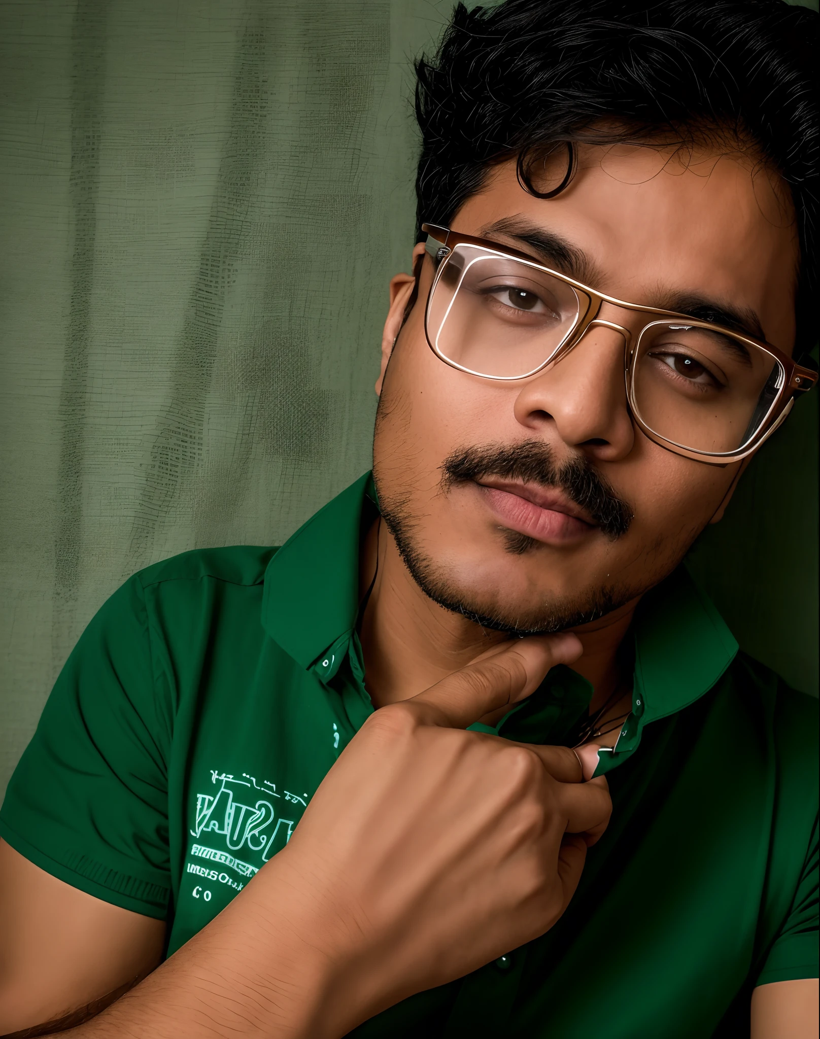 there is a man wearing glasses and a green shirt posing for a picture, !!wearing modern glasses!!, with nerdy glasses and goatee, prideful look, portrait shot 8 k, inspired by Bikash Bhattacharjee, profile picture 1024px, inspired by Sudip Roy, taken with sony a7r camera, shot on nikon z9