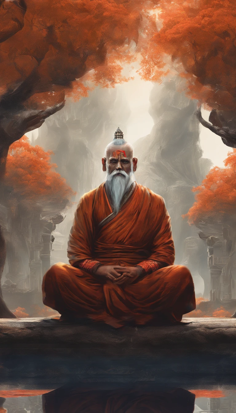 An old monk sits under banyan tree ，Extremely old monk，（Pray in a lotus pose），(front view)，front angle，Big light，hinduism，Beautiful image，epic cinematic shot，Ultra photo realsisim，8K