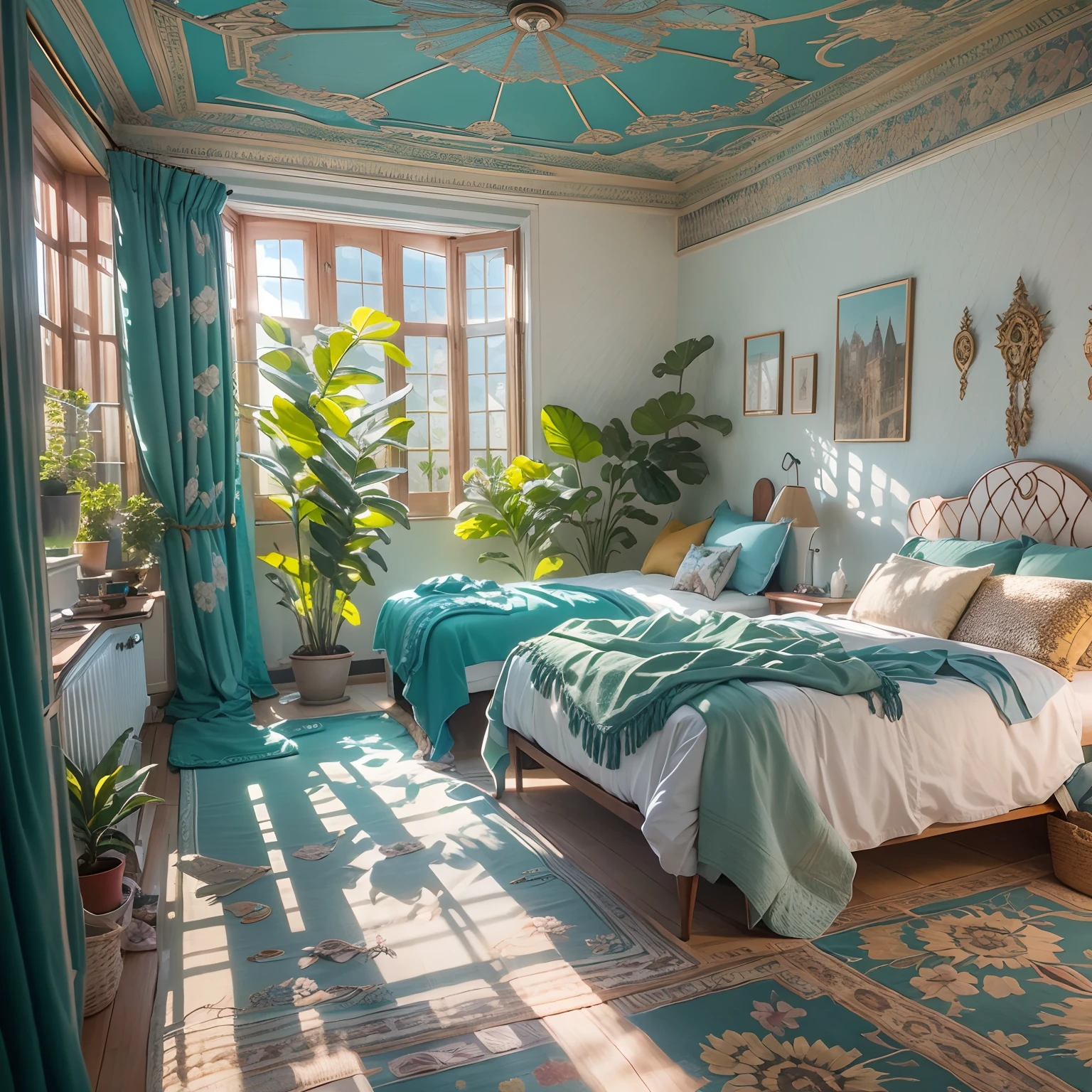 Bedroom,Beds, Blue lattice bedspread, a plant, window, rays of sunshine, k hd, the detail.