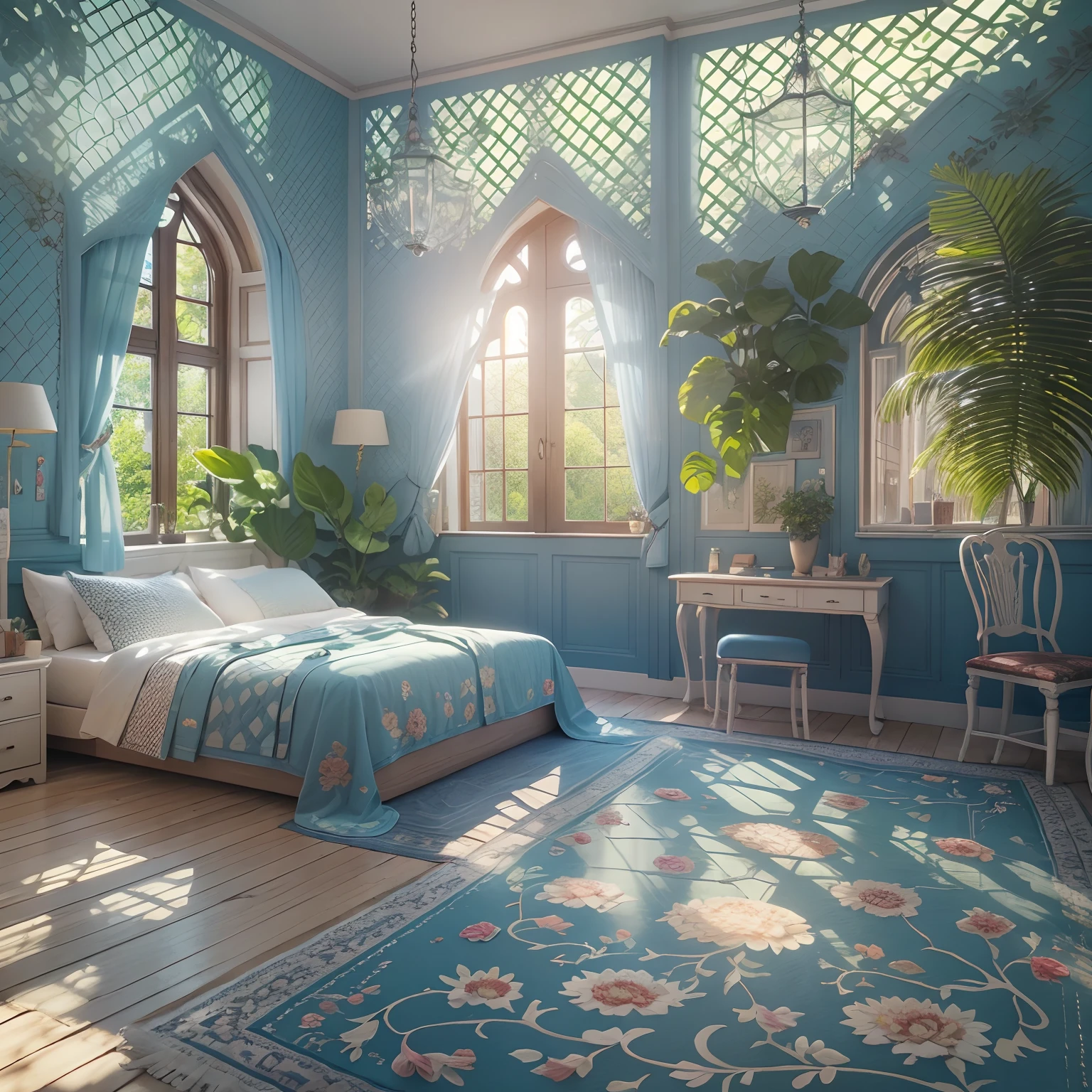 Bedroom,Beds, Blue lattice bedspread, a plant, window, rays of sunshine, k hd, the detail.