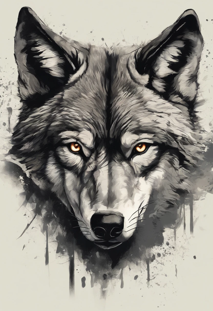 Black and gray realistic wolf tattoo art (((brue eyes))) With ink splatter sketch effect ,He opened his mouth and said,,、Looks very fiercely angry