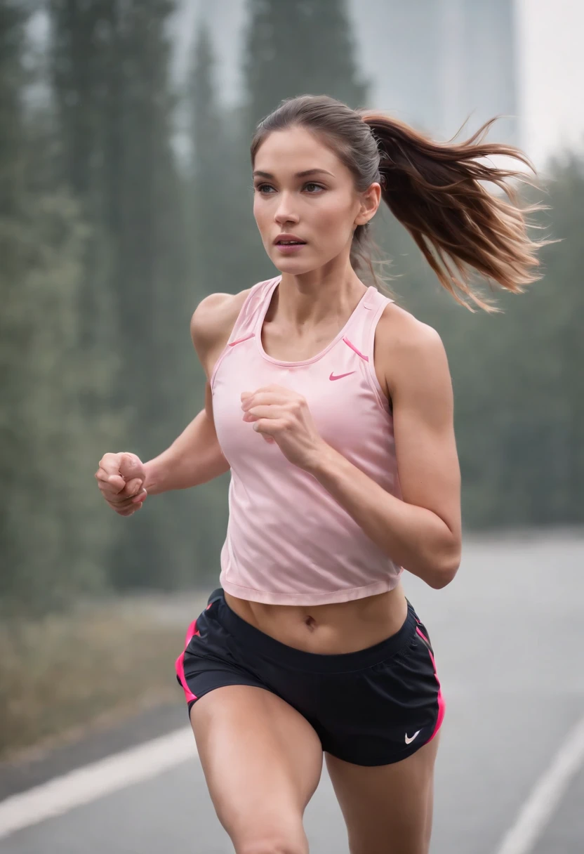 1 girl, solo, running, Gray Track Top, pink shorts, ponytail, athletic build, dynamic brushstrokes, fluid movement, capturing the essence of her athleticism and energy, using light colors and soft tones to create a dreamy and ethereal atmosphere, portraying the motion and grace of running, showing the wind blowing her ponytail and clothes, and the scenery of her surroundings.
outdoors, detailed background, Modern metropolis,