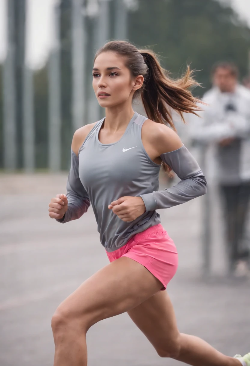 1 girl, solo, running, Gray Track Top, pink shorts, ponytail, athletic build, dynamic brushstrokes, fluid movement, capturing the essence of her athleticism and energy, using light colors and soft tones to create a dreamy and ethereal atmosphere, portraying the motion and grace of running, showing the wind blowing her ponytail and clothes, and the scenery of her surroundings.
outdoors, detailed background, Modern metropolis,