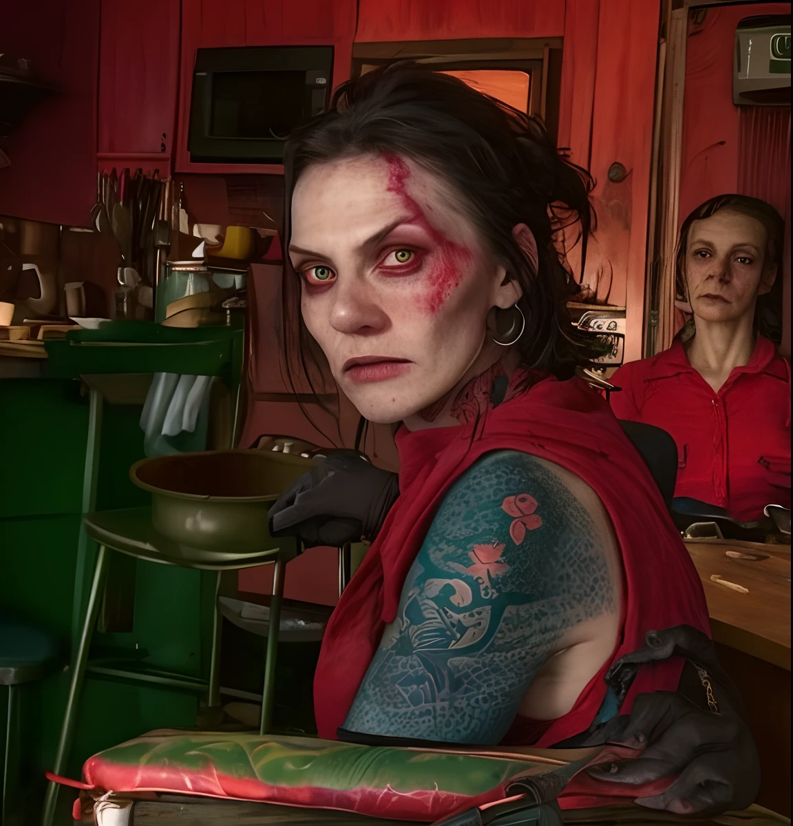 there is one evil witch woman sitting at a table, red blood dripping eyes, green skin, in a kitchen, photo portrait, looking to the side off camera, black hair, tatoos, tattoo sleeves taken in the early 2020s, glaring at the camera, by Pamela Ascherson, production still, looking away from viewer, 1 / 4 portrait, looking directly at the viewer, on kitchen table, by Dan Frazier
