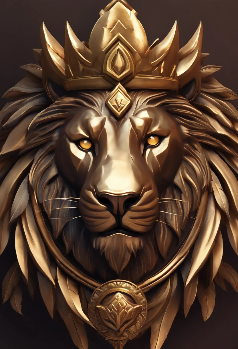 Close-up of a metal lion's head with a crown, hearthstone art style, hearthstone art style, Hearthstone style art, hearthstone concept art, Riot game concept art, third lion head, style of league of legends, iconic character splash art, league of legends champion,Metal shield,Game badges,Surrounding metal feathers