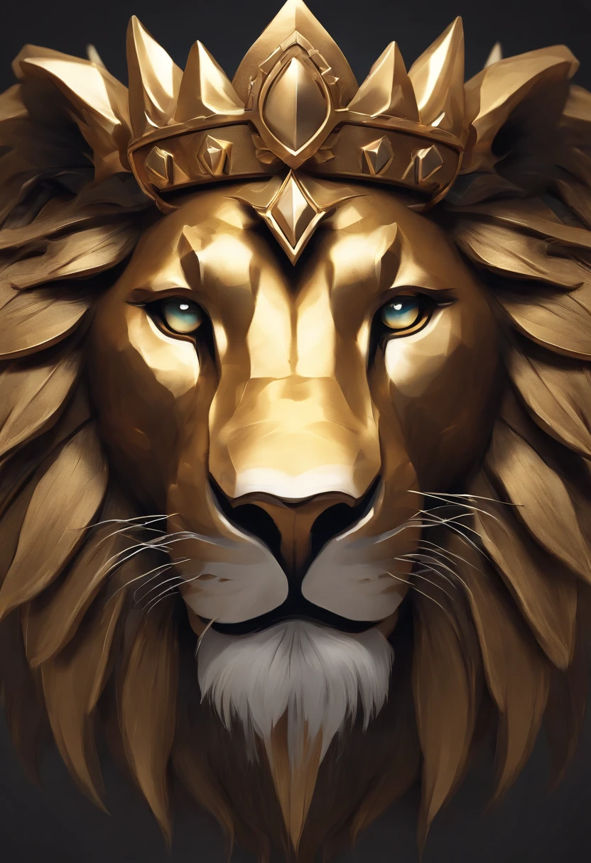 Close-up of a metal lion's head with a crown, hearthstone art style, hearthstone art style, Hearthstone style art, hearthstone concept art, Riot game concept art, third lion head, style of league of legends, iconic character splash art, league of legends champion,Metal shield,Game badges,Surrounding metal feathers