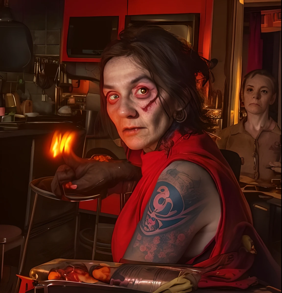 there is one evil witch woman sitting at a table, pig, pig nose,  witch hat, burning flesh, fire, red blood dripping eyes, in a kitchen, photo portrait, looking to the side off camera, black hair, tatoos, tattoo sleeves taken in the early 2020s, glaring at the camera, by Pamela Ascherson, production still, looking away from viewer, 1 / 4 portrait, looking directly at the viewer, on kitchen table, by Dan Frazier