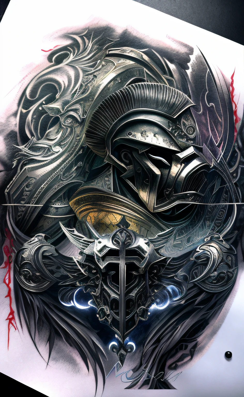 Spartan tattoo art with sword and helmet, highly detailed dark art, clean detailed art, concept tattoo design, tattoo design, 4 k highly detailed art, mark brooks detailed, Elaborate ink illustration, epic pencil illustration, highly detailed 4 k art, Detailed artwork, bold intricate ink illustration, 4k detailed art, high detail artwork, 3D design of tattoo