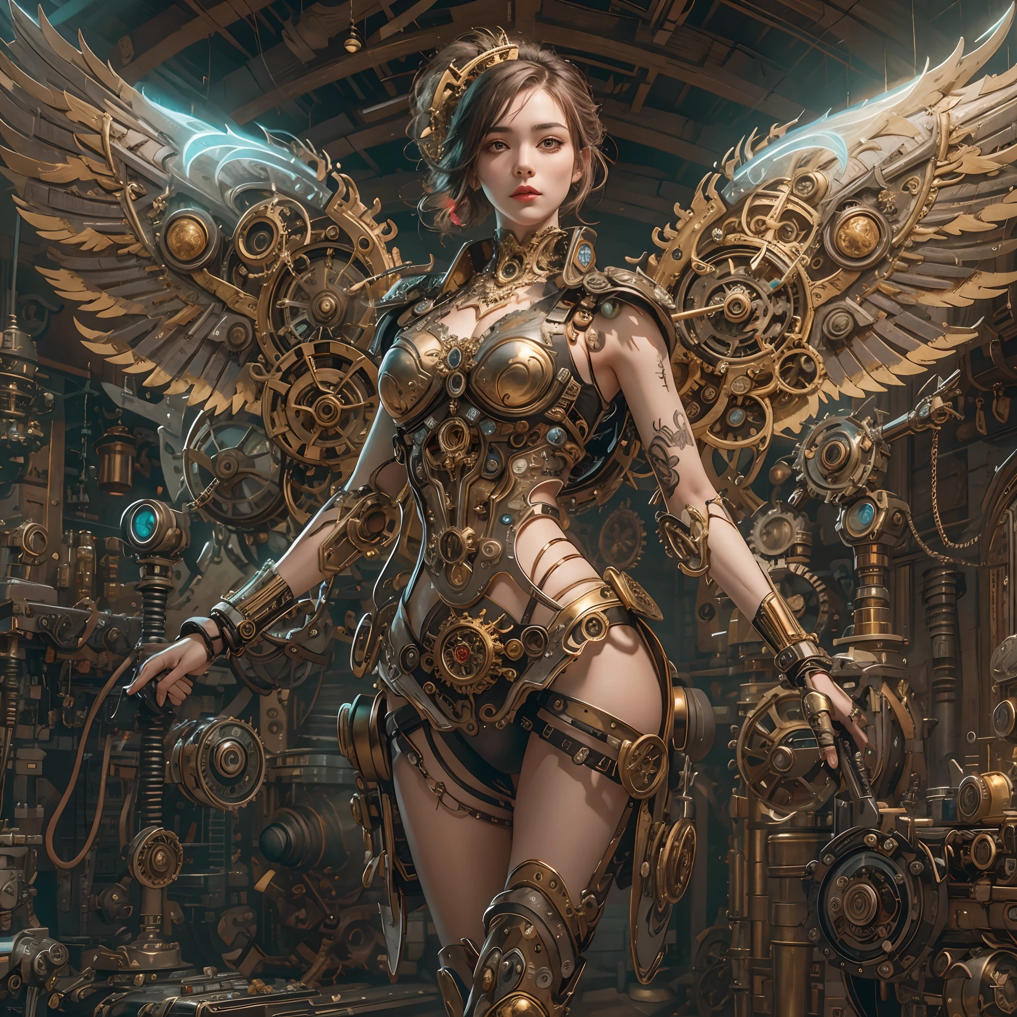 (Best quality,4K,A high resolution,Masterpiece:1.2),Ultra-detailed,(Realistic:1.37) Girl with mechanical parts,steampunk wind,Delicate clockwork details,Brass gears and gears,(Mechanical limb),Beautiful and intricate design,(Mechanical wings),Glowing eyes and glowing tattoos,Colorful metal corsets and skirts,Elegant and elegant gesture,Industrial background with smoky atmosphere,Soft warm lighting,Vintage color palette,The human body and mechanical elements are perfectly integrated