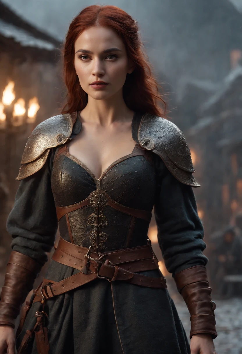 8K, (hyper-detailing,High-res,Dark,fantasy:1.2), pelo rojo corto, Black chest open armor , warrior, Medieval town, Darkness, Epic, Surreal, Upper body, (Bigboobs:1.2), Epic, narrative,Darkness , horrid, It's raining,Full body photo