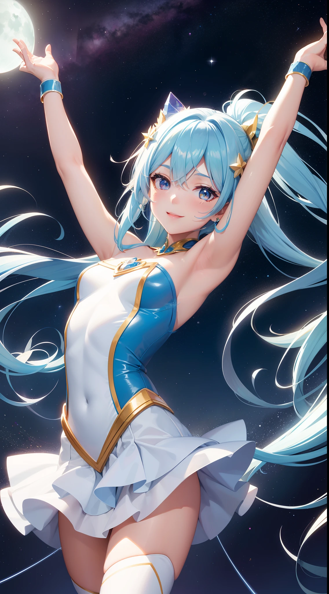 Super Idol　a beauty girl　A charming smile　sky blue hair　length hair　Twin-tailed　Bright yellow and white leotard outfit　Mystical　Fantasia　constellation　a moon　Crystal Brilliance　Aurora Borealis in the Night Sky