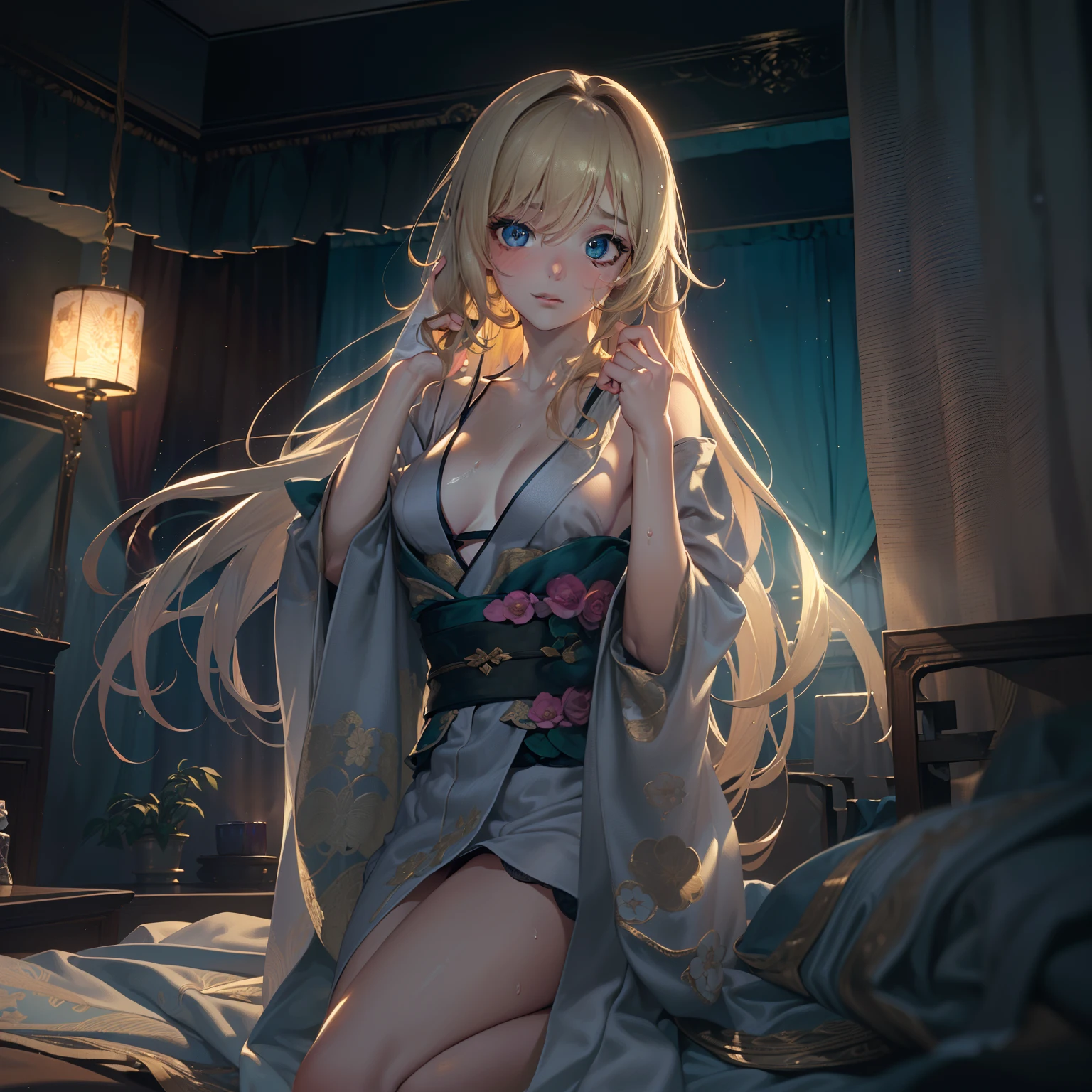 (Best Quality: 1.3, Masterpiece: 1.3), Ultra HD, (1girl, solo), atmospheric perspective, detailed face, upper body, makeup, small breast, drunk face, sweaty body, kimono, (blue eyes), long hair, (blonde), Looking at In front of the audience, (much blushing), slim body, ((((( curtain dark bedroom background at dark night))))) night light