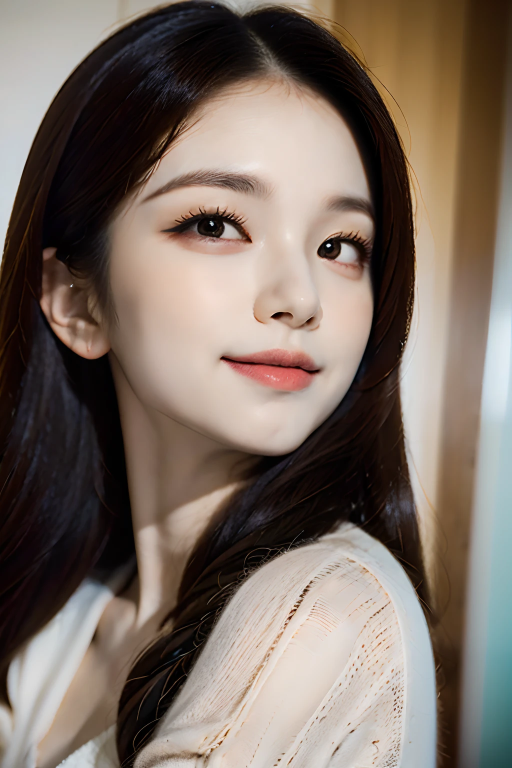 (realistic, photo-realistic:1.37),(8k, RAW photo, best quality, masterpiece:1.2), cute, ultra-detailed,heart-shaped pupils,physically-based rendering, ultra high res, kodakvision color, shot on Arricam LT Camera, bokeh, sharp focus,
looking at viewer,photorealistic,realistic, solo, photorealistic, best quality,extremely detailed face,extremely detailed eyes and face, beautiful detailed eyes,absurdres, incredibly absurdres,haunting smile,Messy hair, floating hair, ,