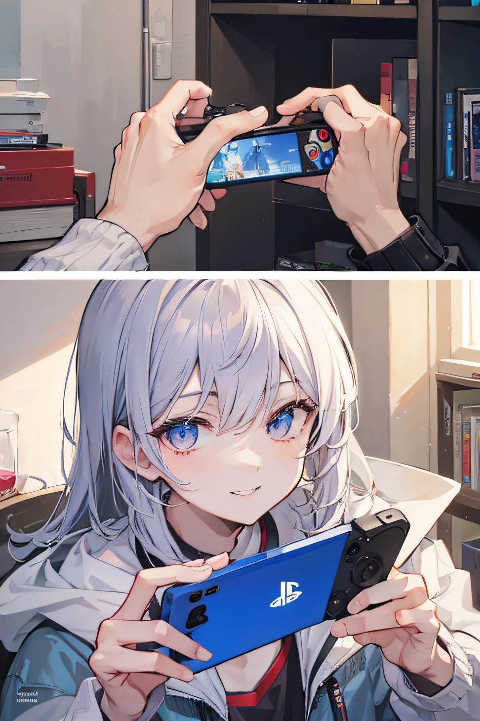 male people，whaite hair，Holding the game console in both hands，A high resolution，There is perspective，Smiling expression，Look at the screen