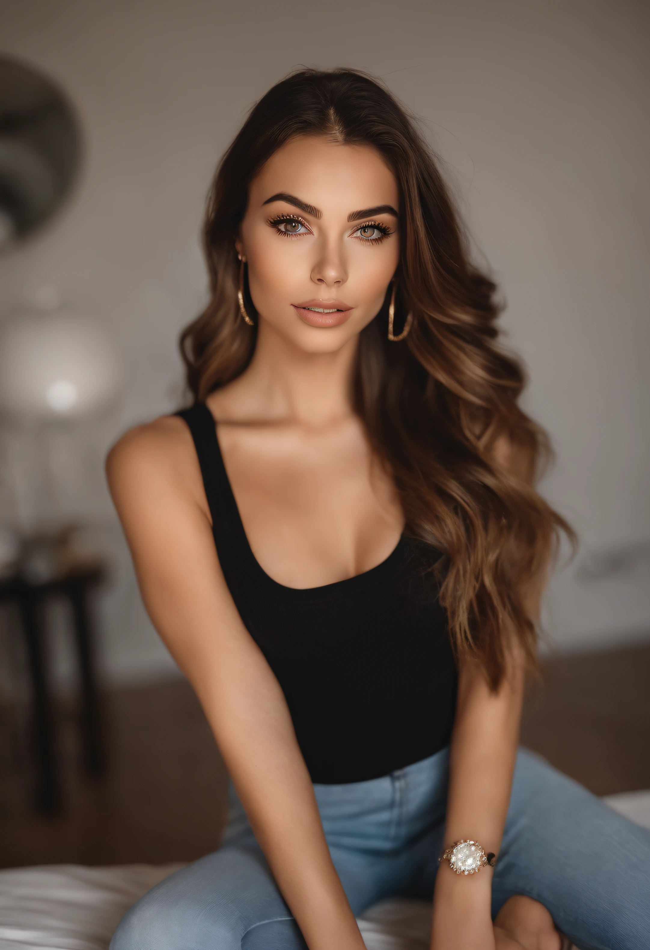 Arafed Mujer con camiseta sin mangas y bragas a juego, Chica sexy con ojos marrones, Retrato Sophie Mudd, cabello rubio y ojos grandes, en el club, Selfie de una mujer joven, Ojos en el dormitorio, Violeta Myers, ohne Maquillaje, Maquillaje natural, staring directly into camera, Cara con Artgram, dezentes Maquillaje, Impresionante foto de cuerpo completo, en el dormitorio, Fission