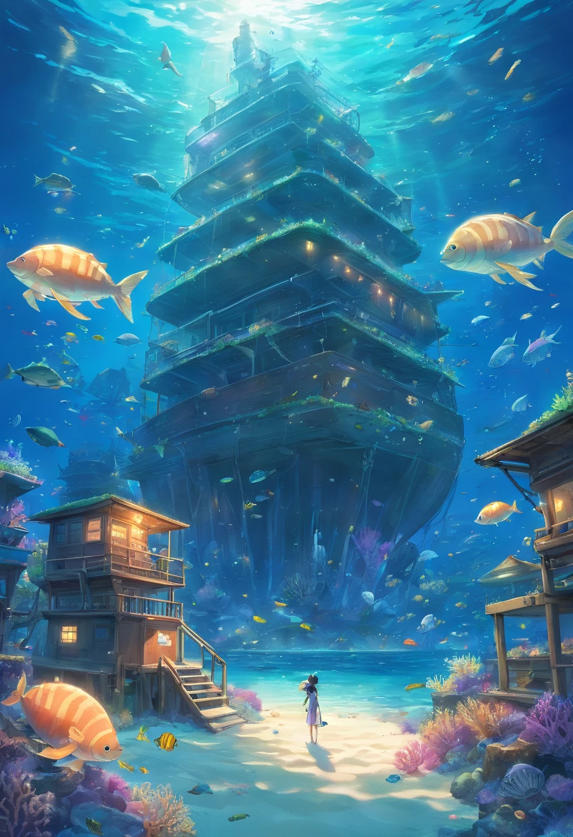 deep-sea creatures,ship navigating,detailed underwater scenery,dark and mysterious atmosphere,majestic ocean waves,bioluminescent organisms,mythical sea monsters,shipwreck,divers exploring the depths,coral reefs and colorful fish,ancient underwater ruins,ship's mast standing tall,plastic debris floating,crystal clear waters reflecting sunlight,serene and peaceful underwater world,underwater flora and fauna,mechanical diving suits,glowing jellyfish,floatsam and jetsam covering the beach,aquatic life struggling to survive,broken plastic objects,poisonous algae blooms,sunken treasures hiding in the sand,dilapidated fishing net entwined in coral,reclaimed by nature,plastic bottles and bags littered along the shore,imaginary creatures dwelling in the deep,sparkling underwater caverns,lost treasures buried deep in the sand,mysterious underwater soundscape,shimmering reflections on the water,ship's sails billowing in the wind,endless expanse of the ocean,underwater world teeming with life