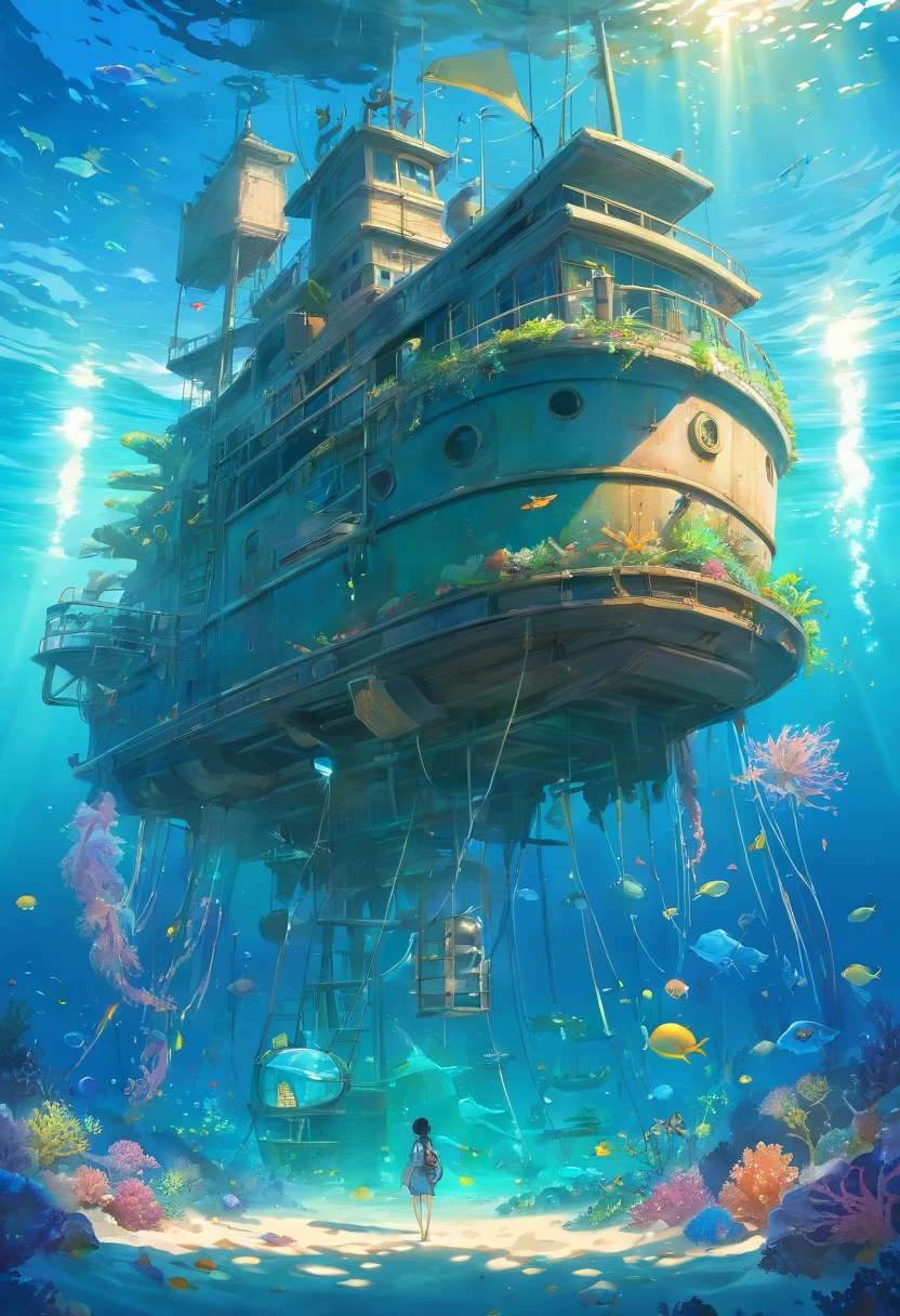 deep-sea creatures,ship navigating,detailed underwater scenery,dark and mysterious atmosphere,majestic ocean waves,bioluminescent organisms,mythical sea monsters,shipwreck,divers exploring the depths,coral reefs and colorful fish,ancient underwater ruins,ship's mast standing tall,plastic debris floating,crystal clear waters reflecting sunlight,serene and peaceful underwater world,underwater flora and fauna,mechanical diving suits,glowing jellyfish,floatsam and jetsam covering the beach,aquatic life struggling to survive,broken plastic objects,poisonous algae blooms,sunken treasures hiding in the sand,dilapidated fishing net entwined in coral,reclaimed by nature,plastic bottles and bags littered along the shore,imaginary creatures dwelling in the deep,sparkling underwater caverns,lost treasures buried deep in the sand,mysterious underwater soundscape,shimmering reflections on the water,ship's sails billowing in the wind,endless expanse of the ocean,underwater world teeming with life