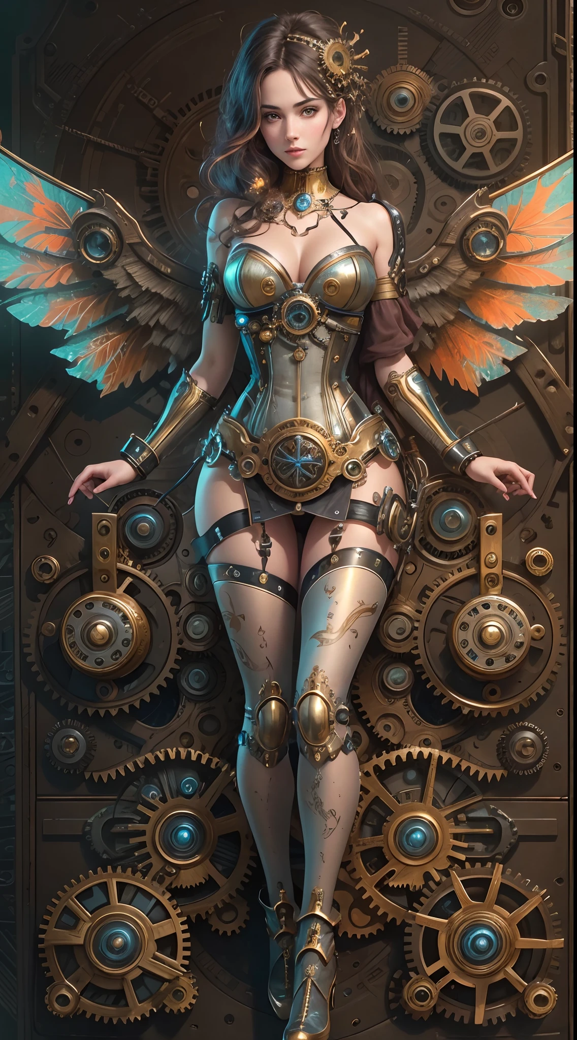(Best quality,4K,A high resolution,Masterpiece:1.2),Ultra-detailed,(Realistic:1.37) Girl with mechanical parts,steampunk wind,Delicate clockwork details,Brass gears and gears,(Mechanical body),(Mechanical limb),Beautiful and intricate design,(Mechanical wings),Glowing eyes and glowing tattoos,Colorful metal corsets and skirts,Elegant and elegant gesture,Industrial background with smoky atmosphere,Soft warm lighting,Vintage color palette,The human body and mechanical elements are perfectly integrated