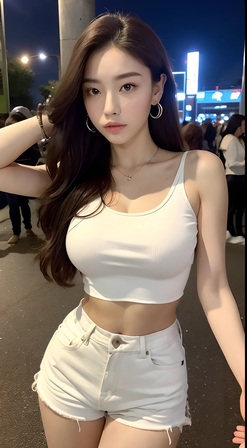 ((midynight, Need, 8k, tmasterpiece:1.3)), full bodyesbian, Long legs, Focalors:1.2, perfect figure beautiful woman:1.4, Slim abs:1.1, ((Dark brown hair, huge tit:1.2 )), (White tight cropped clothes,Extra-short denim shorts stand:1.2), ((city night scene, the roof:1.3)), Highly detailed facial and skin texture, A detailed eye, 二重まぶた