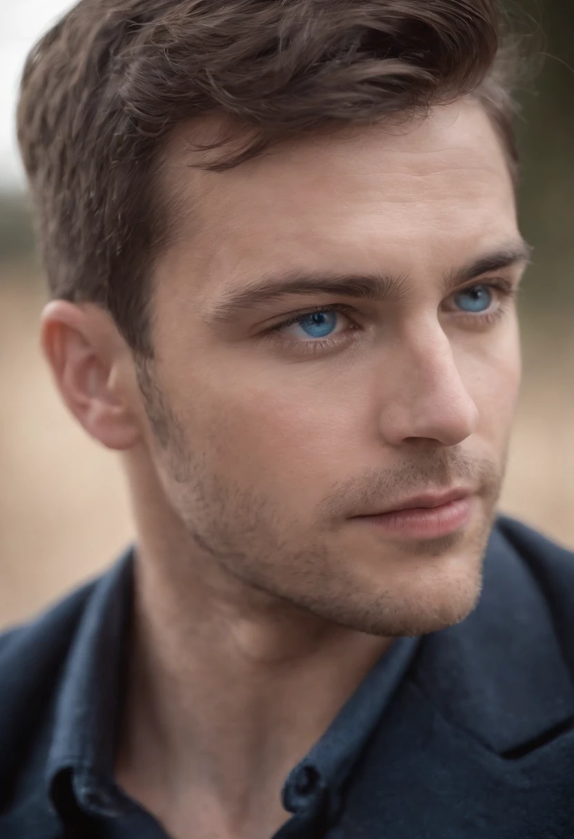 The Handsome Enigmatic Look - Immerse yourself in sensual shadows with an extreme close-up that highlights the striking and deep blue eyes, short messy brown hair, (shaven:1.3). The mastery of light and shadow adds depth to its masculine aspect in this dramatic composition.... Captured with a Fujifilm GFX 100S and a Fujinon GF 63mm f/2.Objectif 8 R WR --ar 9:16 --s 350 --c 10 --style brut