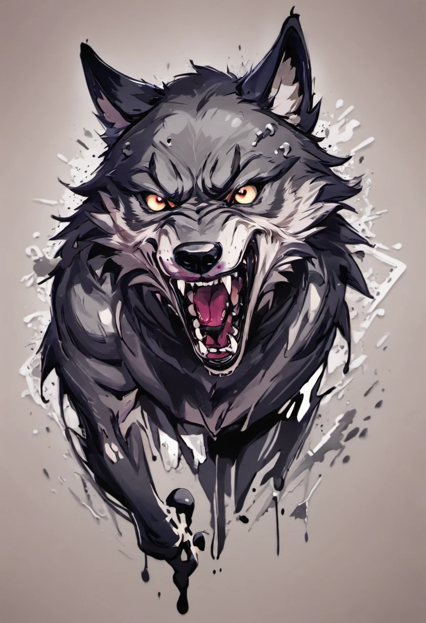 Black and gray realistic wolf tattoo art (((brue eyes))) With ink splatter sketch effect ,He opened his mouth and said,,,,,、Looks very fiercely angry