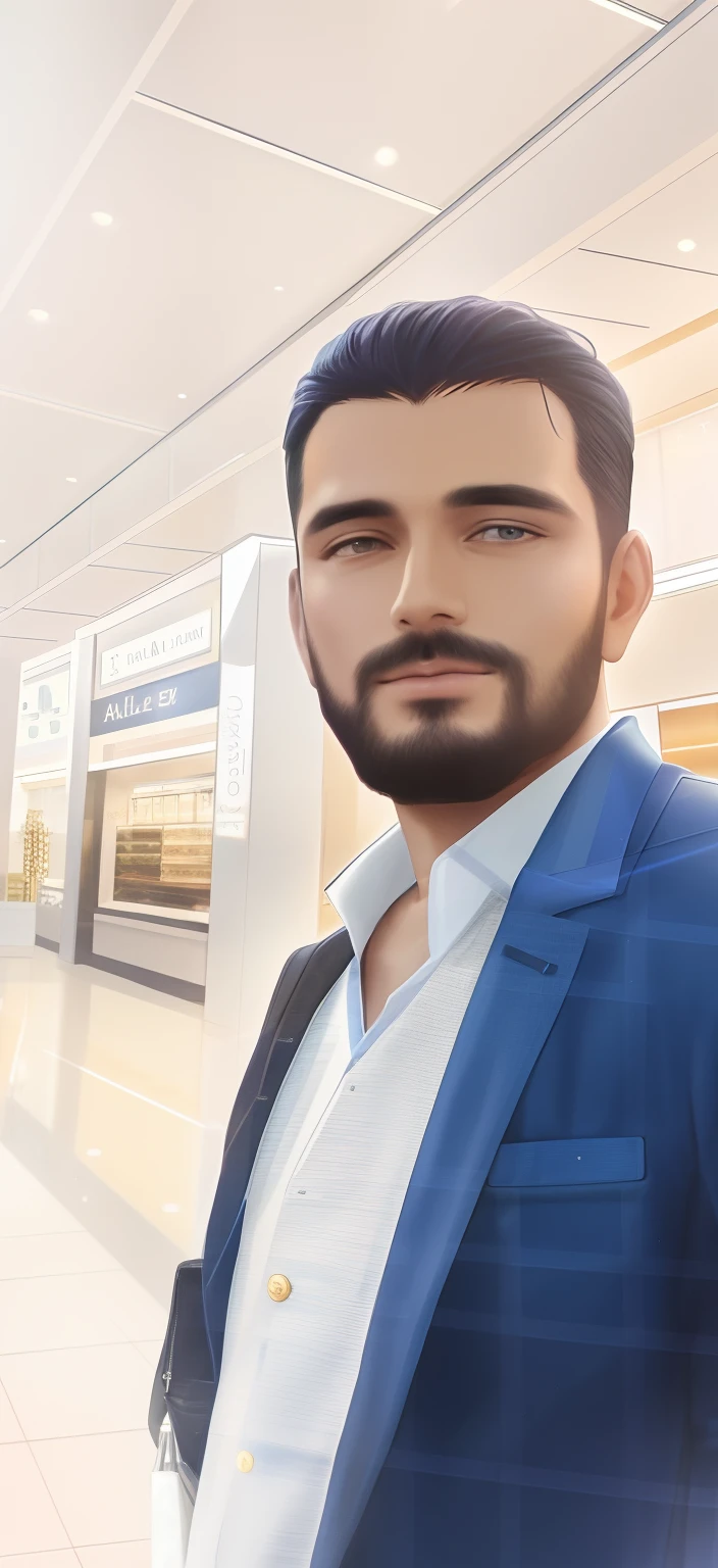 there is a man in a blue suit standing in a mall, kyza saleem, khyzyl saleem, professional profile picture, very very low quality picture, ash thorp khyzyl saleem, portait photo profile picture, appearing in a shopping mall, very clear picture, about 3 5 years old, professional picture, profile image