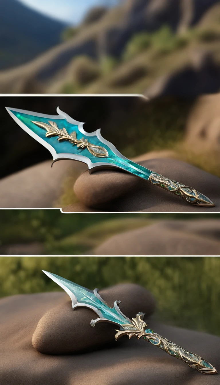 Excalibur, Delicate mango, The sword body is exquisite,well decorated,(((The sword body is designed with a blue opal and light green particle effect shape pattern..:1.3))), Should, (The sword body is symmetrically decorated:1.3), (The entire Excalibur blade is centered:1.3), Close-up at medium range,(General silhouette:1.3),(Fantastic landscape painting:1.2), Ultra Realistic Photo, super-fine, 8K, Premium wallpapers, the highest picture quality, ..。.。.。.3D,C4D, tmasterpiece, rendering by octane