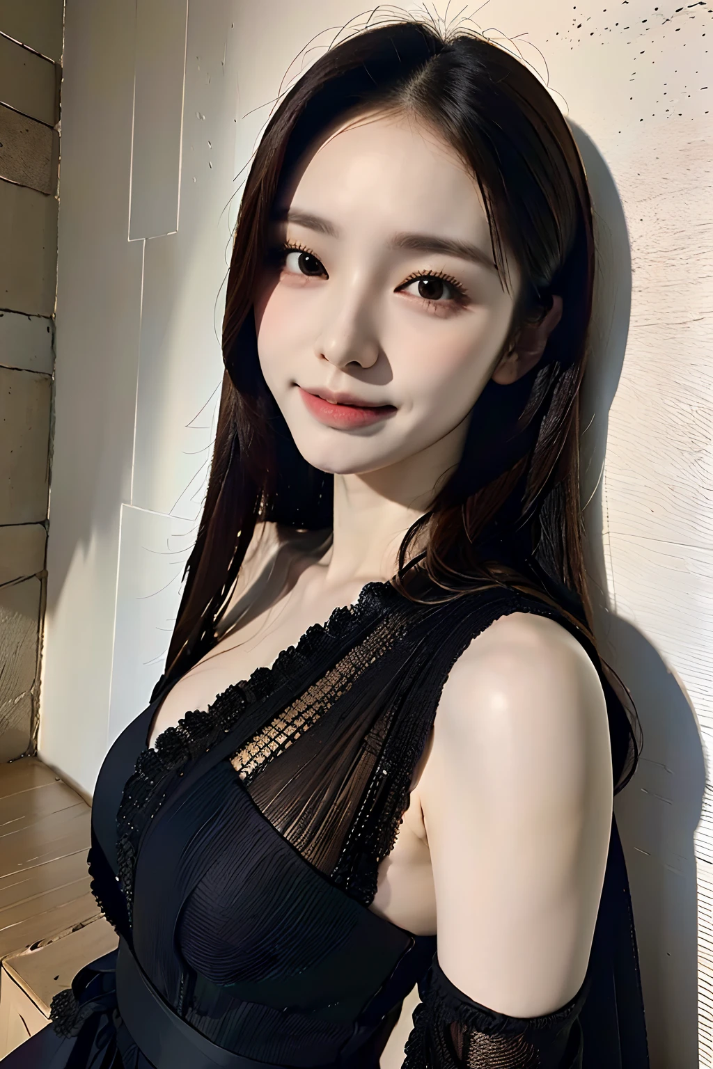 A beautiful Chinese woman with long black fluffy hair, bangs, willow-leaf eyebrows, peach blossom eyes, peach lips, and a light purple stepmother&#39;s one-piece dress with a hip skirt. She is slender and has big breasts, standing on the beach in the setting sun and posing for a photo.