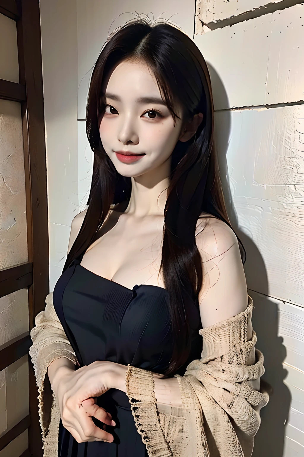 (A hyper-realistic)、(illustratio)、(hight resolution)、(8K)、(ighly detailed)、(Best Illustration)、(beautifully detailed eyes)、(top-quality)、(ultra-detailliert)、(masterpiece)、(wall-paper)、(A detailed face)、独奏、1 girl in、looking at viewert、fine detailed、A detailed face、in the darkness nigth、deep-shadows、lowkey、pureerosfaceace_v1、A smile、long、Black shawl straight hair、46-point diagonal bangs, (silk dresses、long skirt)(off shoulders)View of the castle、、Stand against the wall