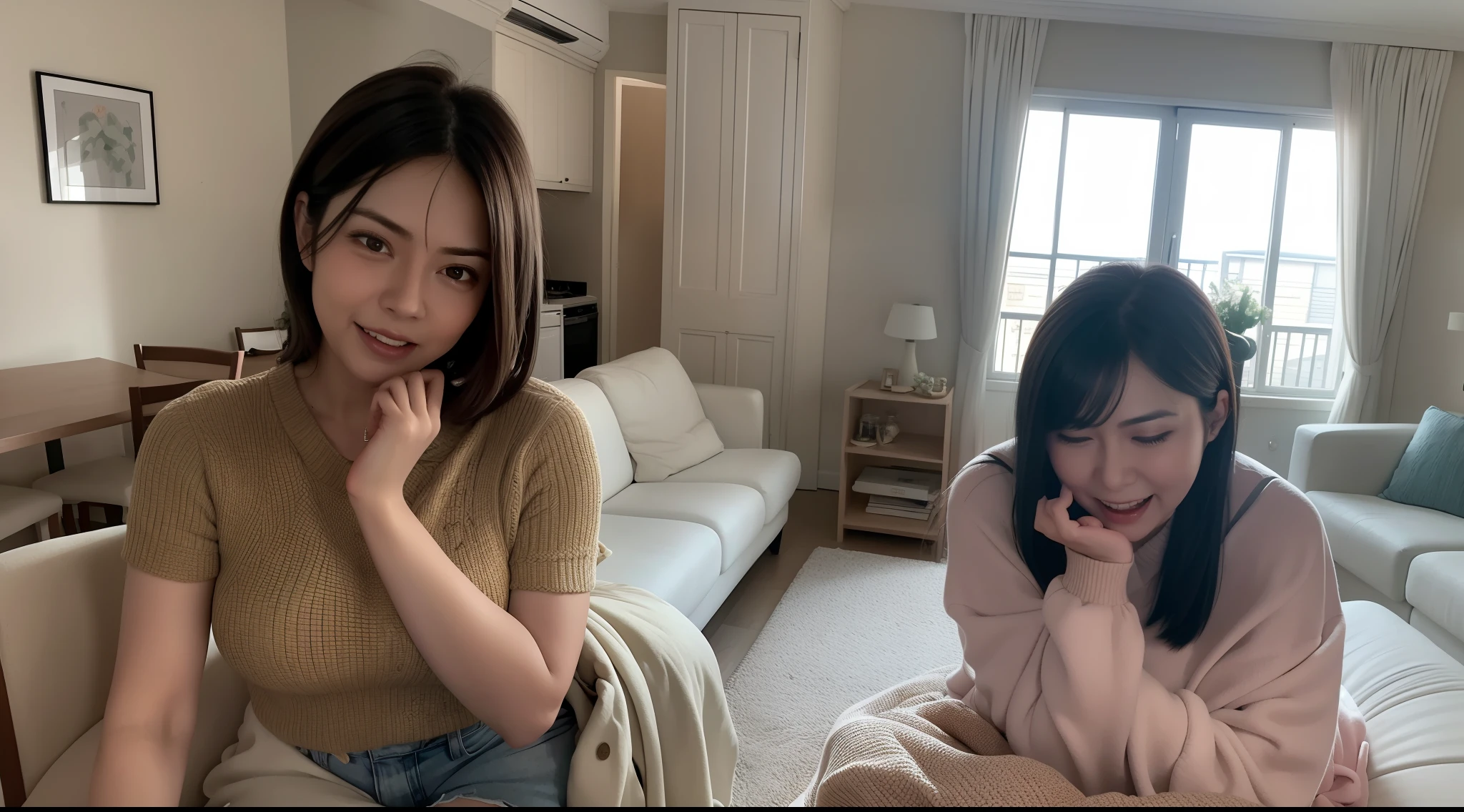 /imagine prompt: A woman excitedly announces the news of his marriage on her phone screen, Surrounded by dim dining table lamps and empty living rooms, author:Hayao Miyazaki - Niji 5