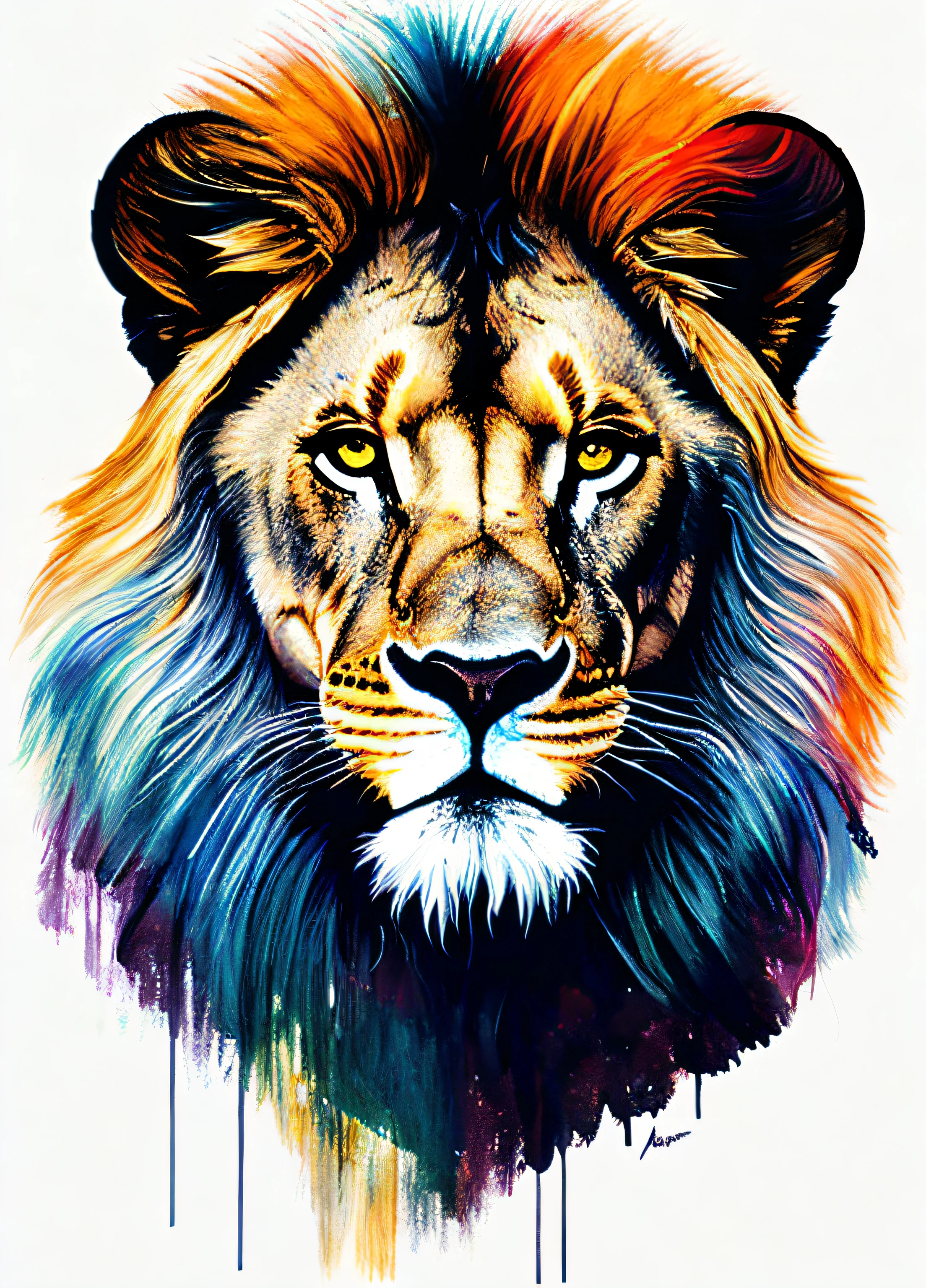 A Lion by Agnes Cecile, com jubas grandes, olhar intenso, Design brilhante, pastels colors, pingos de tinta, luzes de outono