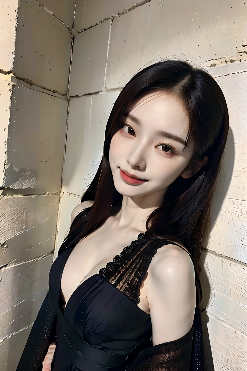 (A hyper-realistic)、(illustratio)、(hight resolution)、(8K)、(ighly detailed)、(Best Illustration)、(beautifully detailed eyes)、(top-quality)、(ultra-detailliert)、(masterpiece)、(wall-paper)、(A detailed face)、独奏、1 girl in、looking at viewert、fine detailed、A detailed face、in the darkness nigth、deep-shadows、lowkey、pureerosfaceace_v1、A smile、long、Black shawl straight hair、46-point diagonal bangs, (silk dresses、long skirt)(off shoulders)View of the castle、、Stand against the wall