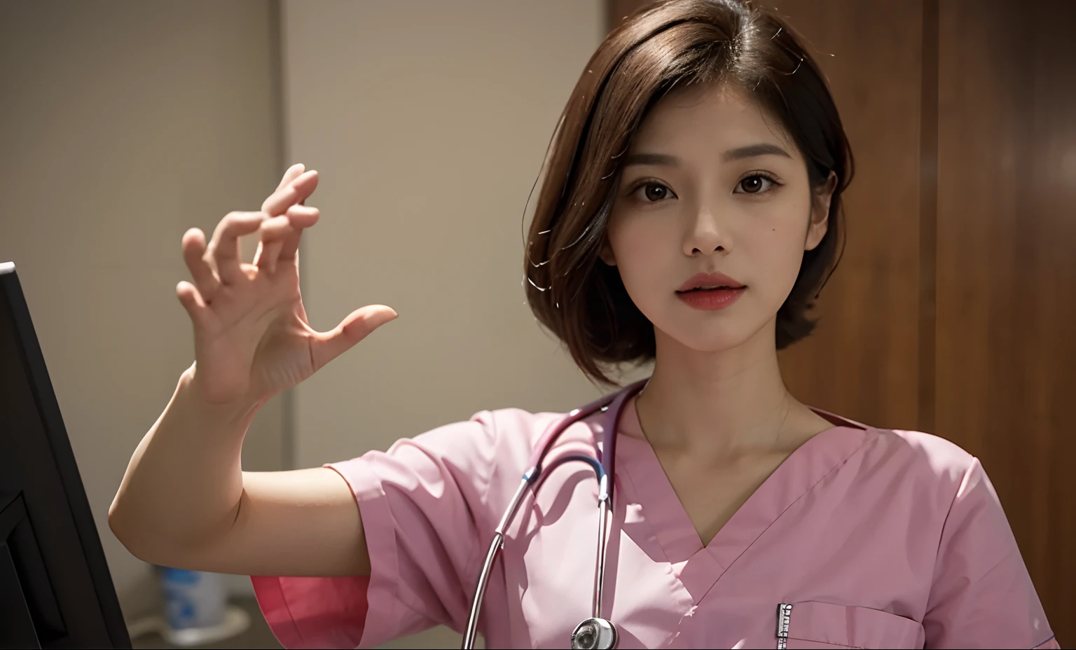 arafed woman in a pink scrub suit making a heart sign, cindy avelino, with a stethoscope, doctor, nurse, medical doctor, nurse girl, healthcare worker, nursing, (doctor), fanart, portrait of modern darna, sakimi chan, unreal ungine 5, real ungine, stethoscope!, nivanh chanthara