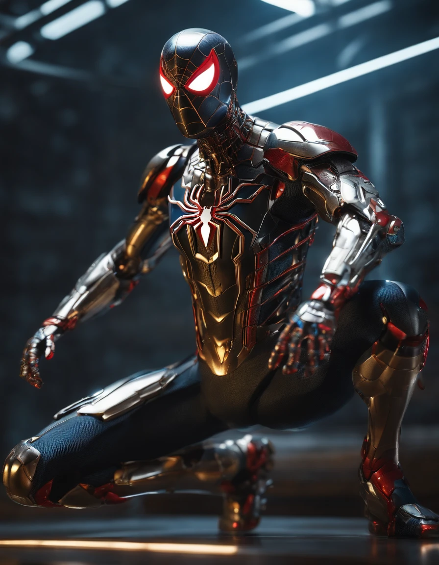 (Cyborg:1.2) Spider-Man robot, (((kinetic))), Masterpiece full body, High definition, 8K, Very high quality, high-detail face, Sharp, degrees of freedom ,Depth_af_Field, style of midjourney , Cinematic, to contrast, Detailed, 8K, Sharp focus, Cyberpunk