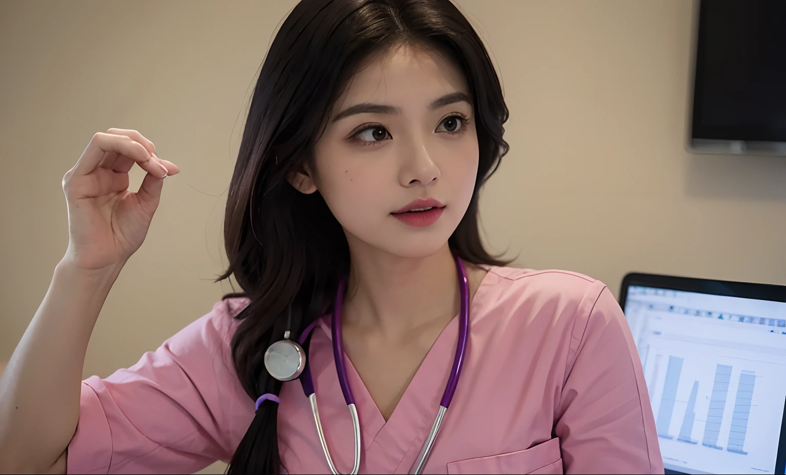 arafed woman in a pink scrub suit making a heart sign, cindy avelino, with a stethoscope, doctor, nurse, medical doctor, nurse girl, healthcare worker, nursing, (doctor), fanart, portrait of modern darna, sakimi chan, unreal ungine 5, real ungine, stethoscope!, nivanh chanthara