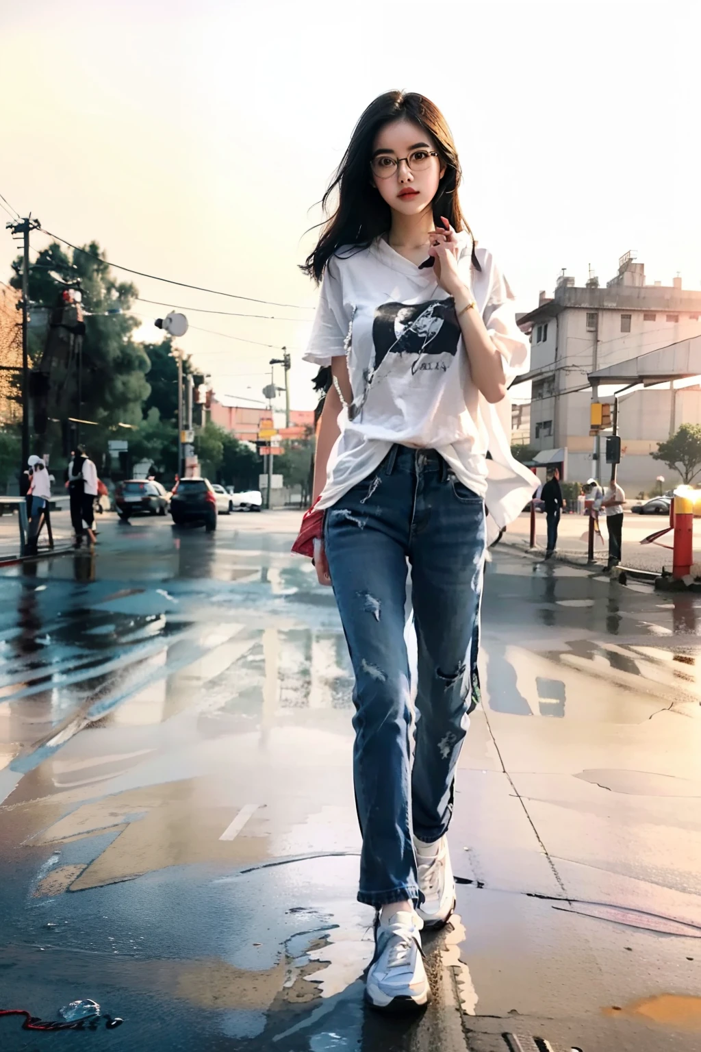 1girll,Shawl hair，wearing black rimmed glasses，denim pant，T-shirt，Tall noodles，wearing white sneakers，Standing at the gate of Huai Chemical School