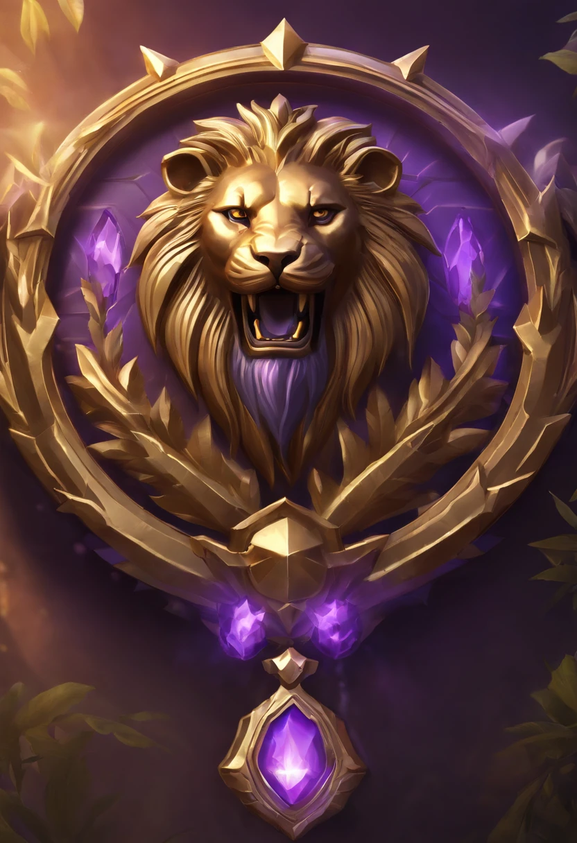 Game medallion with metal lion head closeup with crown,, hearthstone art style, Hearthstone style art, hearthstone concept art, Riot game concept art, style of league of legends, iconic character splash art, league of legends champion,metallic shield,Game badge,Surrounding metal feathers,Purple gold,c4d渲染