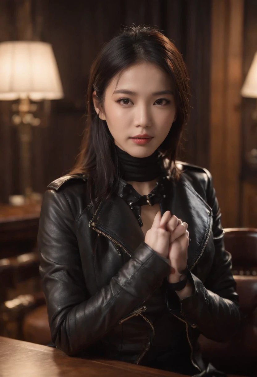 Both hands are covered with black leather gloves up to the fingertips, upper body, black leather double riders jacket, slender necklace, young and cute Japanese girl with black hair tied up beautifully, sitting on a black leather chair facing the desk in the president's room at night, aligning both hands of black leather gloves on the desk