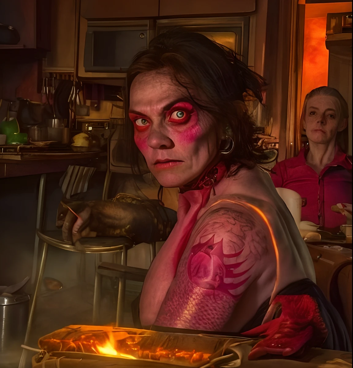 there is one evil witch woman sitting at a table, lizard scales, lizard face, chaos, pig, pig nose, pointy ears , witch hat, burning flesh, fire, red blood dripping eyes, in a kitchen, photo portrait, looking to the side off camera, black hair, tatoos, tattoo sleeves taken in the early 2020s, glaring at the camera, by Pamela Ascherson, production still, looking away from viewer, 1 / 4 portrait, looking directly at the viewer, on kitchen table, by Dan Frazier