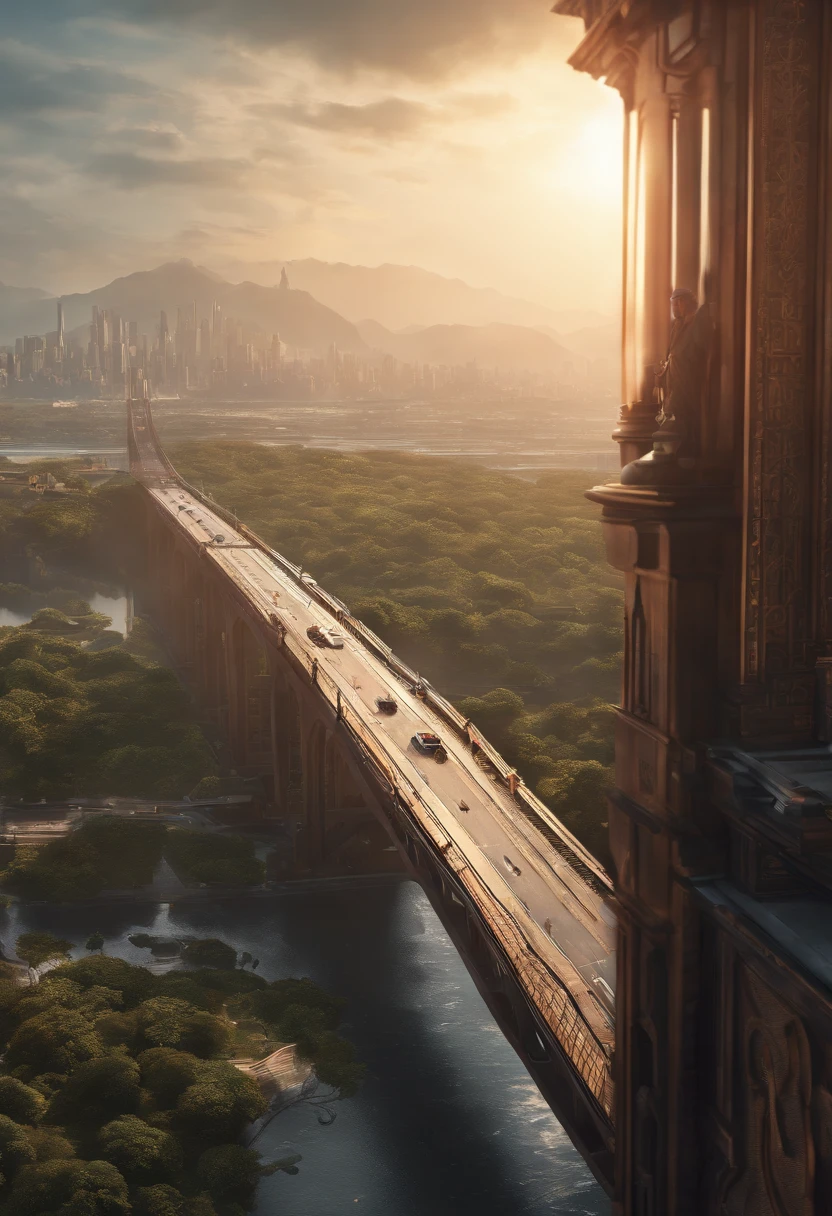 (8k unit wallpaper CG extremely detailed, masterpiece, best quality, ultra-detailed), (((solo)))), ((extremely wide shot:1.15)), a man on a bridge looking at a scifi city in the distance in the background, ((back view)), ((full body)), (high detail), (intricate details), intricate, magnificent scene, detailed environment, highly detailed environment, illustrator, (masterpiece).
