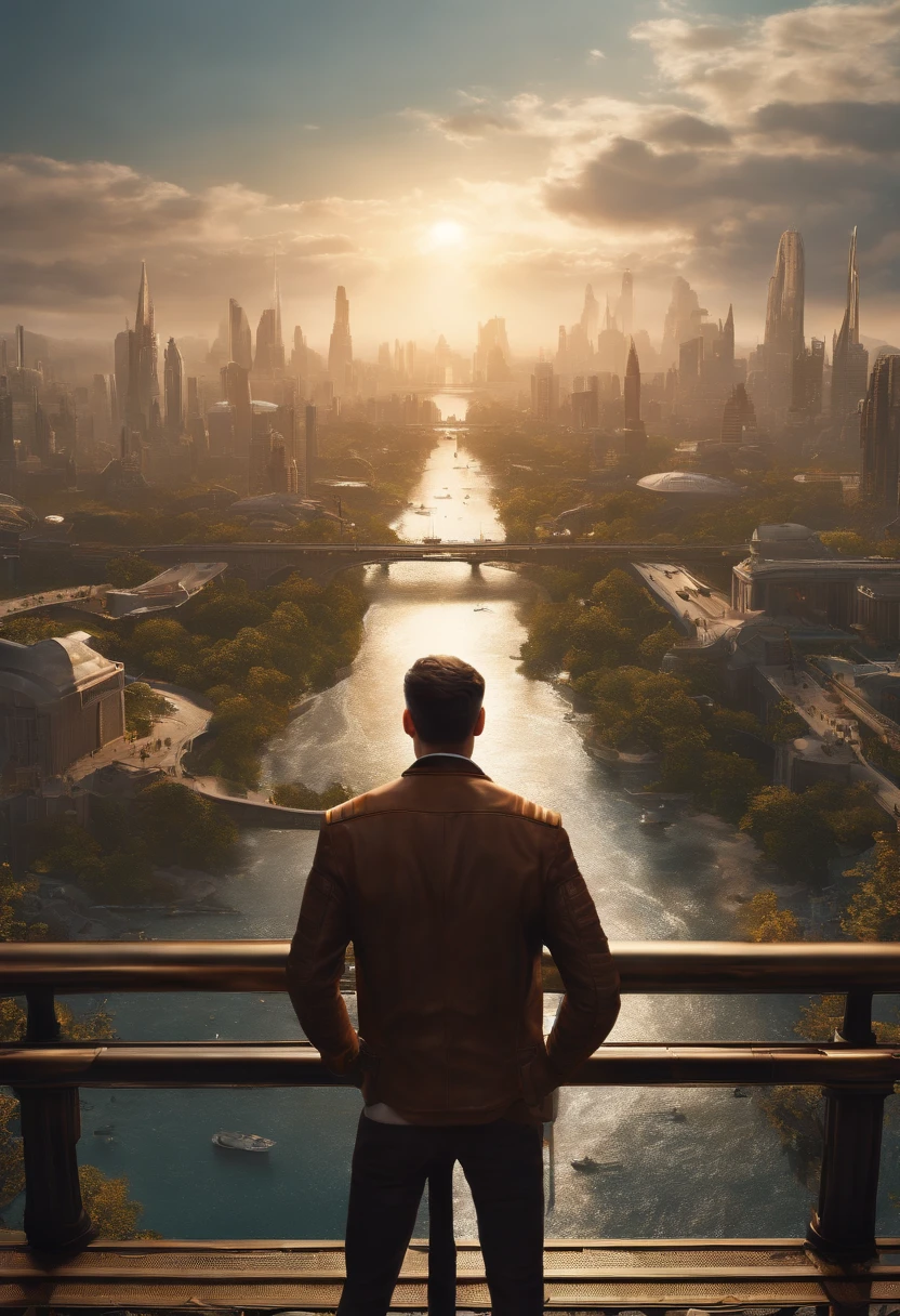(8k unit wallpaper CG extremely detailed, masterpiece, best quality, ultra-detailed), (((solo)))), ((extremely wide shot:1.15)), a man on a bridge looking at a scifi city in the distance in the background, ((back view)), ((full body)), (high detail), (intricate details), intricate, magnificent scene, detailed environment, highly detailed environment, illustrator, (masterpiece).