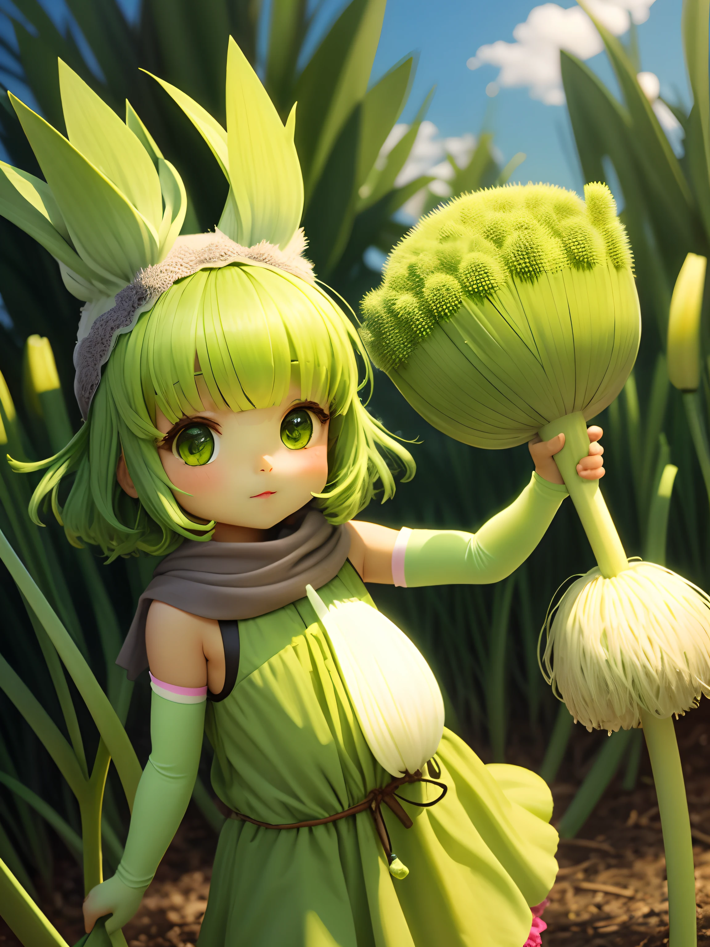 A cute leek monster,The head is covered with leeks