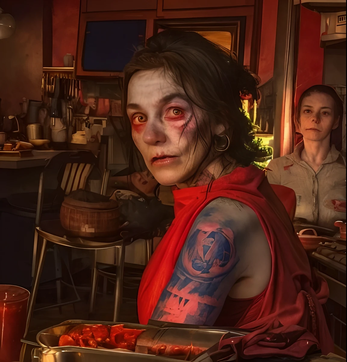 there is one evil witch woman sitting at a table, pig, pig nose, witch hat, burning flesh, fire, scars, cuts, 😭 red blood dripping eyes, in a kitchen, photo portrait, looking to the side off camera, black hair, tatoos, tattoo sleeves taken in the early 2020s, glaring at the camera, by Pamela Ascherson, production still, looking away from viewer, 1 / 4 portrait, looking directly at the viewer, on kitchen table, by Dan Frazier lol 😂