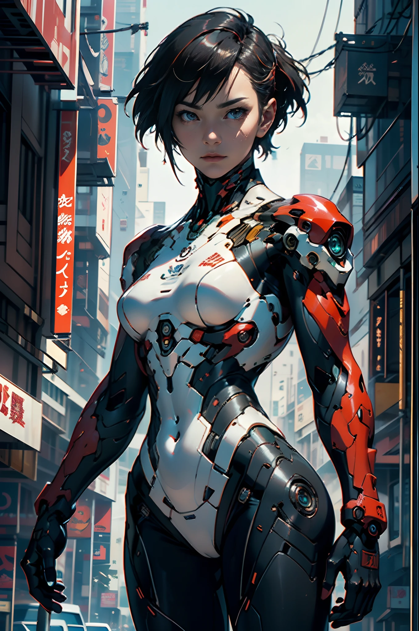 Top quality, Masterpiece, 超高分辨率, ((Photorealistic: 1.4), RAW photo, 1 Cyberpunk android girl, ((Portrait)), Glossy glossy skin, (hyper realistic detailed)), Clear plastic covers mechanical limbs, Tubes attached to mechanical parts, Mechanical vertebrae attached to the spine, mechanical cervical attachment to the neck, wires and cables connecting to head, Evangelion, ((Ghost in the Shell)), Luminous small light, globalillumination, Deep shadows, Octane rendering, 8K, ultrasharp, metal, Intricate Ornament Details, baroque detailed, very complex details, Realistic light, CGSoation trend, Facing the camera, neon light detail, (Android manufacturing plant in the background), art by H.r. Giger and Alphonse Mucha.