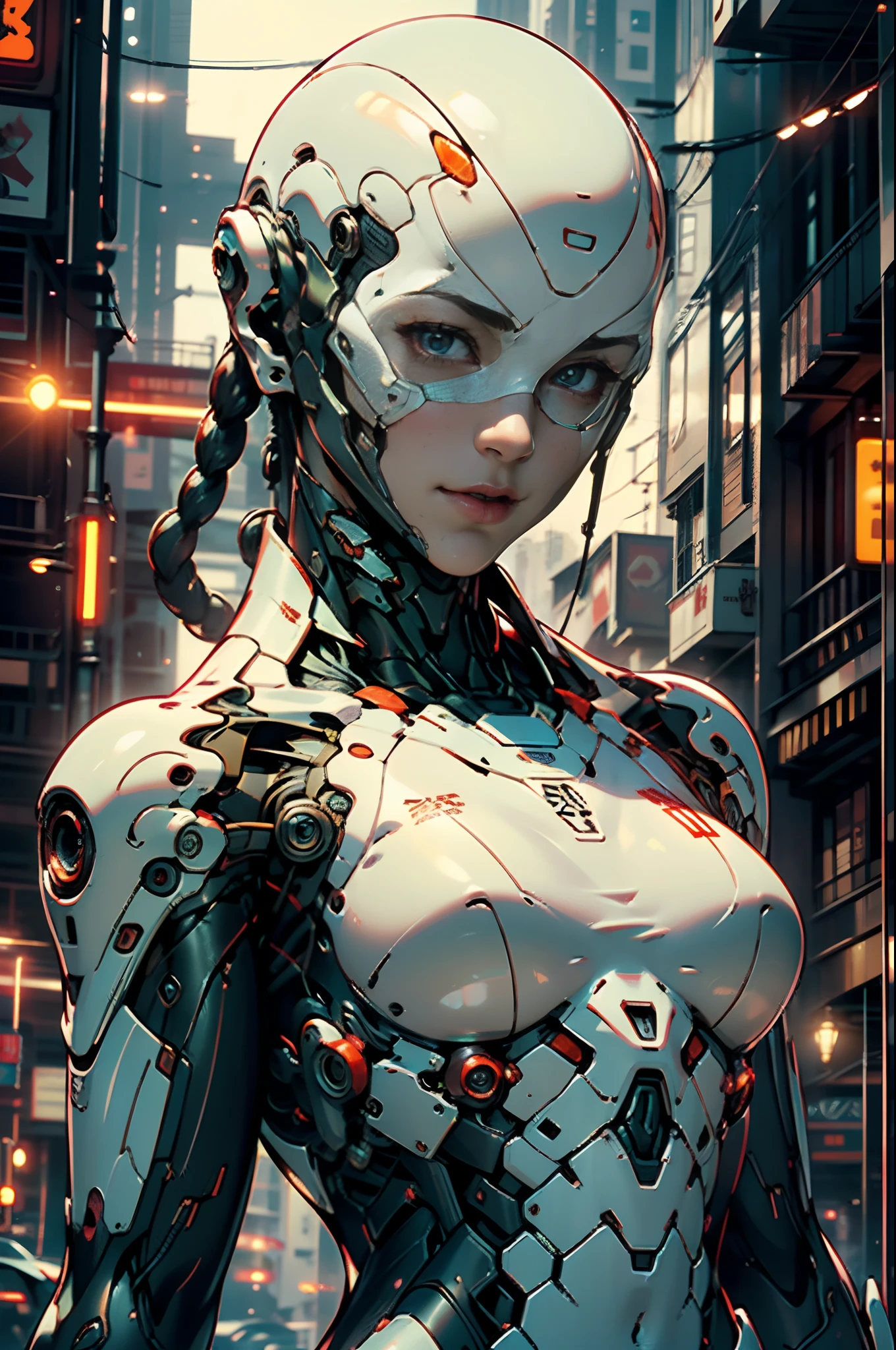 Top quality, Masterpiece, 超高分辨率, ((Photorealistic: 1.4), RAW photo, 1 Cyberpunk android girl, ((Portrait)), Glossy glossy skin, (hyper realistic detailed)), Clear plastic covers mechanical limbs, Tubes attached to mechanical parts, Mechanical vertebrae attached to the spine, mechanical cervical attachment to the neck, wires and cables connecting to head, Evangelion, ((Ghost in the Shell)), Luminous small light, globalillumination, Deep shadows, Octane rendering, 8K, ultrasharp, metal, Intricate Ornament Details, baroque detailed, very complex details, Realistic light, CGSoation trend, Facing the camera, neon light detail, (Android manufacturing plant in the background), art by H.r. Giger and Alphonse Mucha.